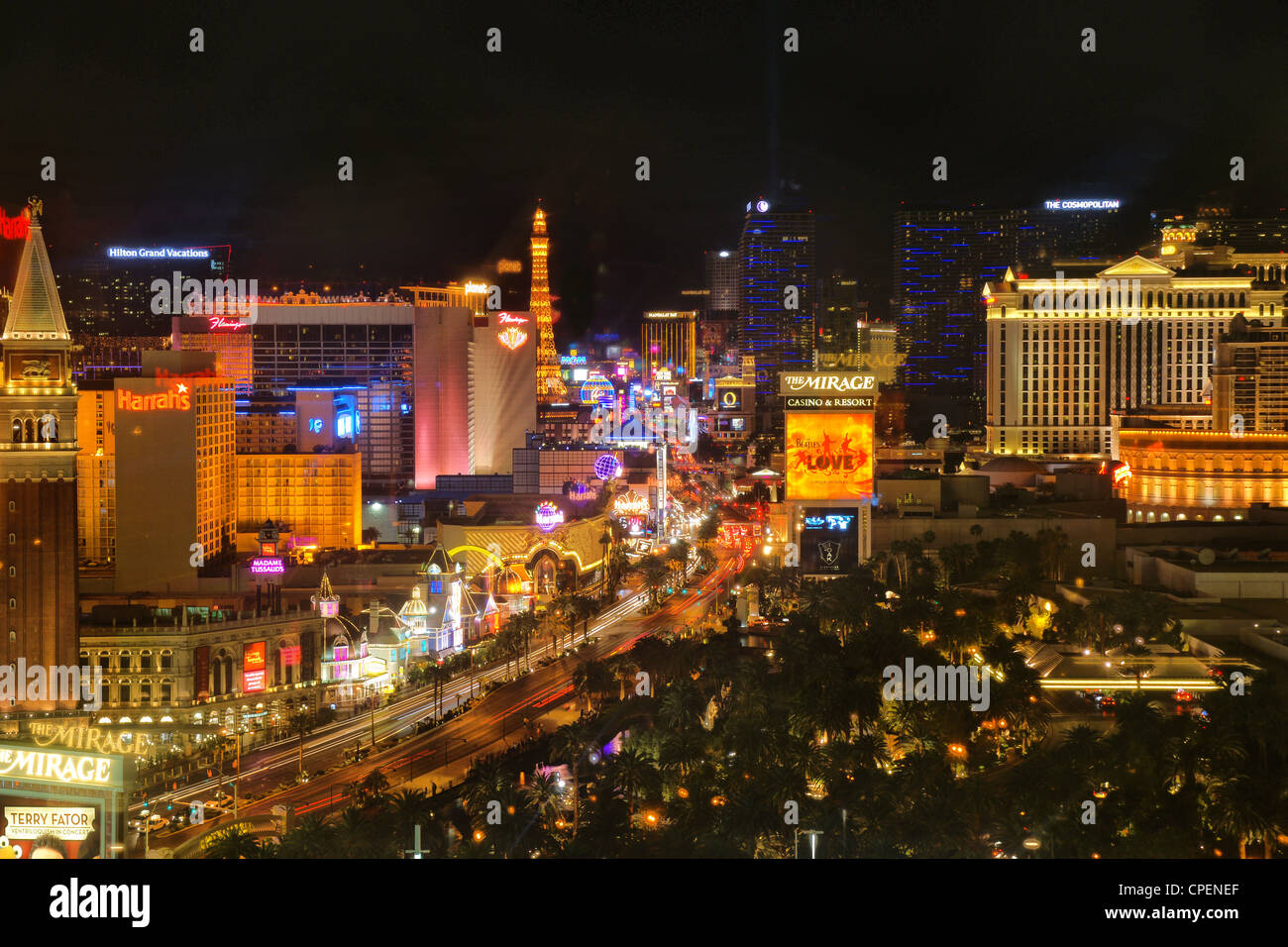 Las Vegas bei Nacht vom Hotel Treasure Island aus gesehen Stockfoto