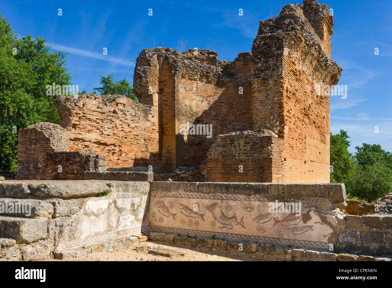 Tempel und Mosaiken in der römischen Ruinen von Milreu in Estoi, Algarve, Portugal Stockfoto