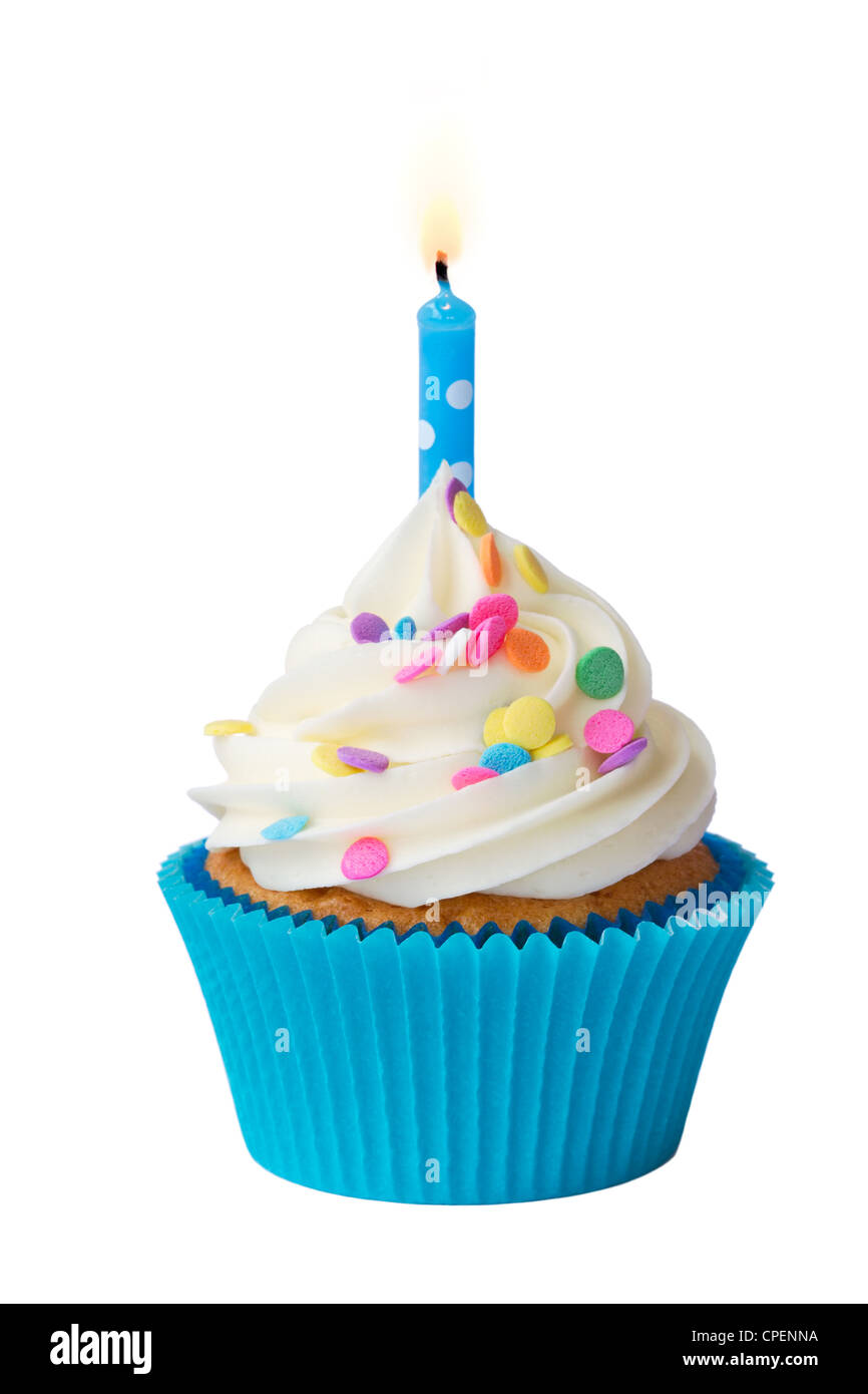 First birthday cupcake candle blue Fotos und Bildmaterial in hoher