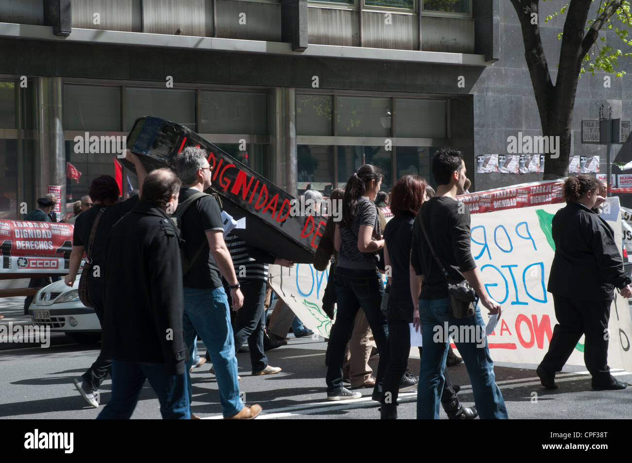 Tag der Arbeit Bilbao Spanien friedliche Demonstrationen durch die Straßen der Stadt-Zentrum Stockfoto