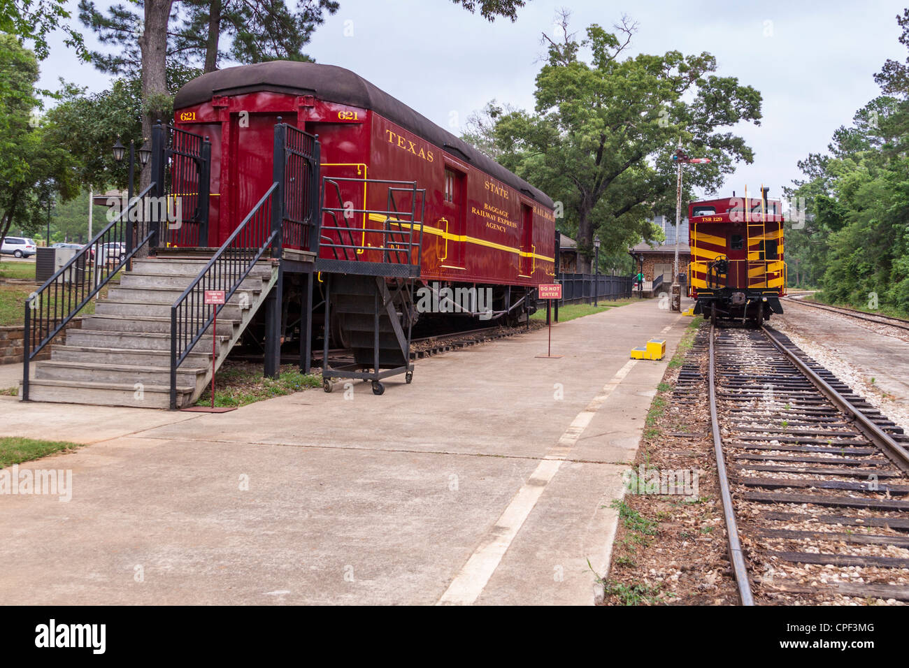 Alte restaurierte antike Eisenbahnwaggons auf dem Railfest 2012 im 'Texas State Railroad' Depot in Rusk, Texas. Stockfoto