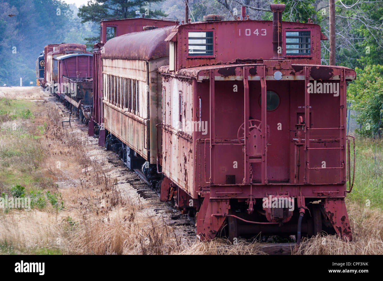 Oldtimer-Eisenbahnwaggons in der Eisenbahnwerft von Rusk, Wartungswerft der 'Texas State Railroad', Rusk, Texas. Stockfoto
