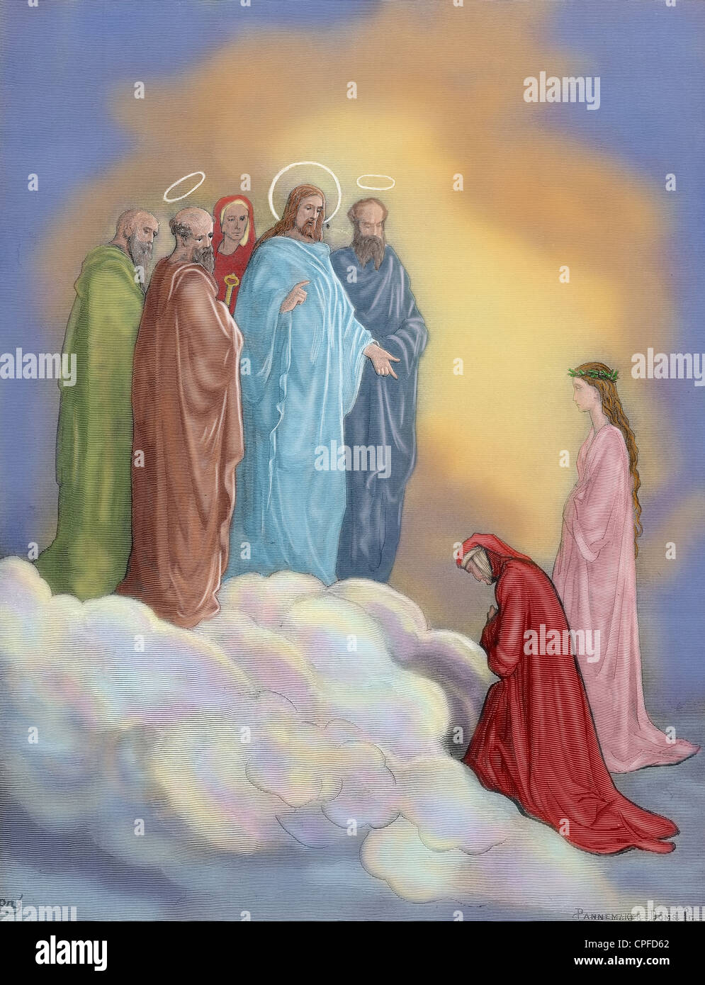 Göttliche Komödie. Paradies. XXVI Canto. St. John untersucht Dante über Liebe. Durch Dore. Stockfoto