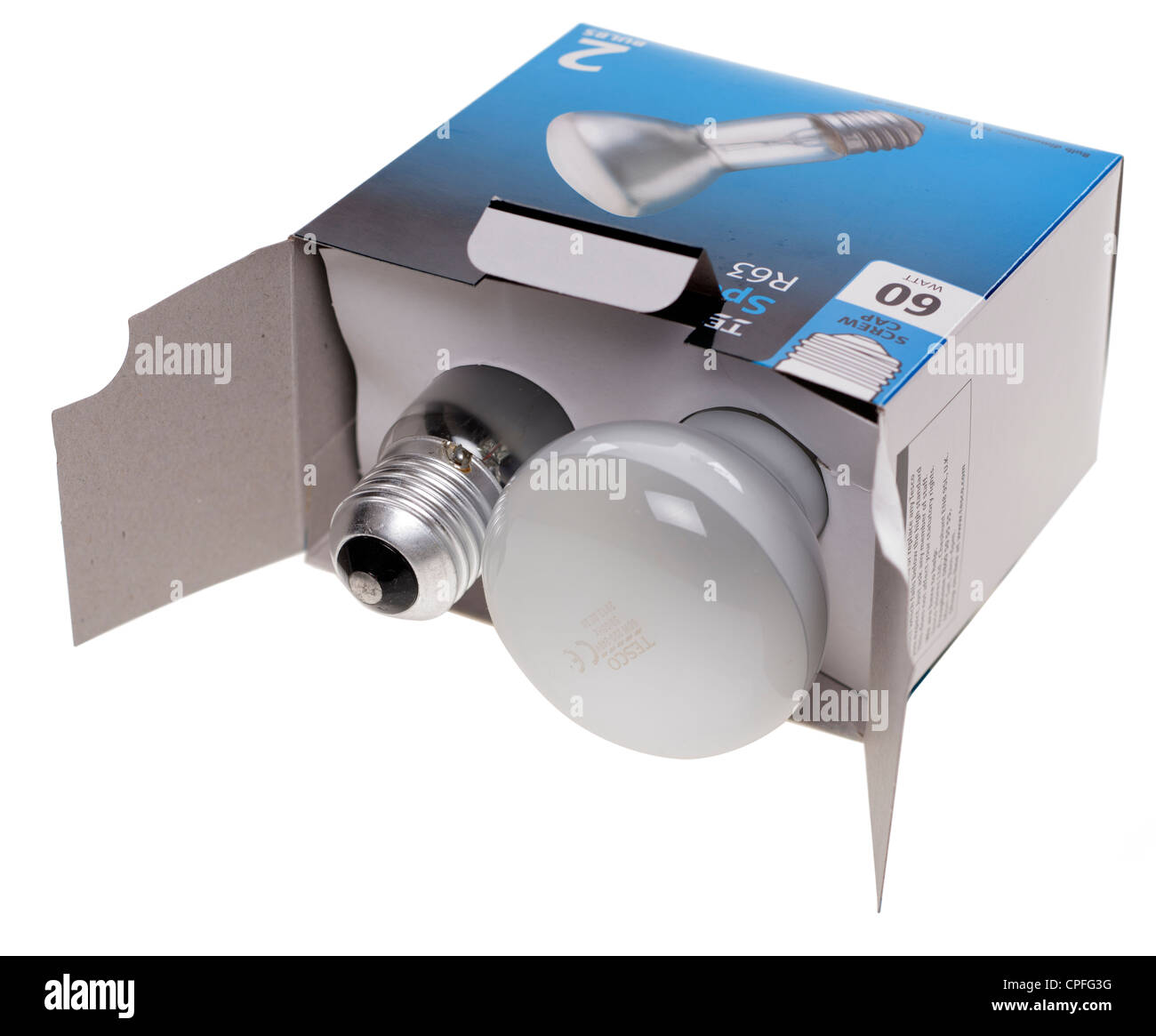 Zwei boxed 60 Watt Schraubverschluss R63 Wolfram spot Glühbirnen von Tesco Stockfoto