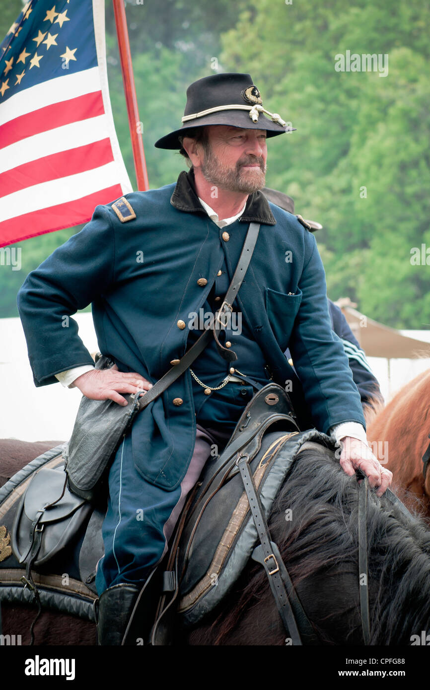 Oberbefehlshaber der Armee der Union sitzen auf dem Haudegen, Civil War Reenactment, Bensalem, Pennsylvania, USA Stockfoto