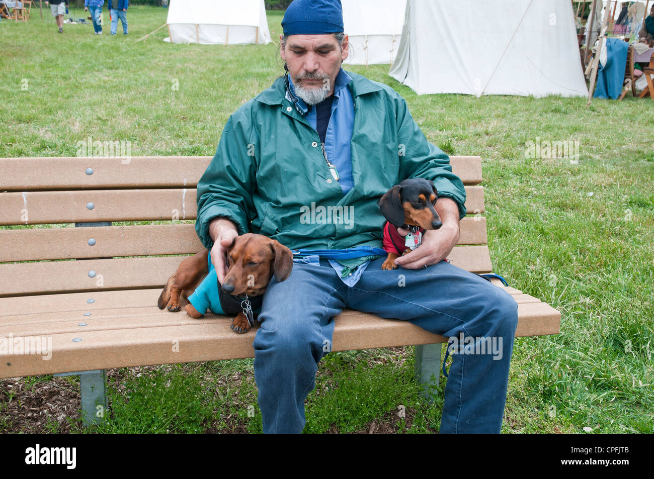 Mann mit 2 Hunden sitzen auf der Bank, Neshaminy Park, Pennsylvania, USA Stockfoto