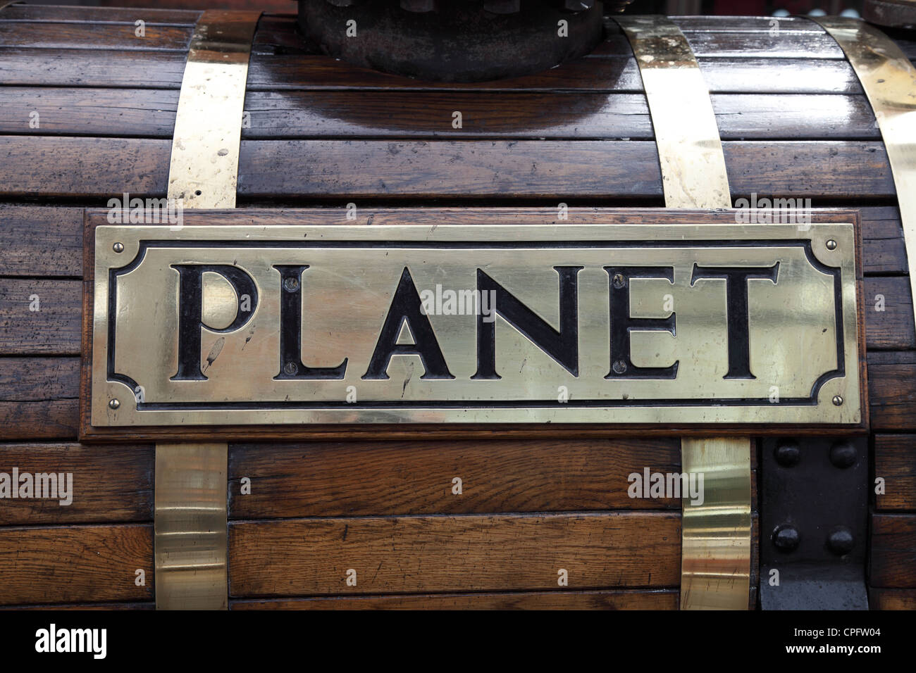 Typenschild des viktorianischen Replica Dampf Lok Planet - Manchester Museum of Science & Industrie Stockfoto