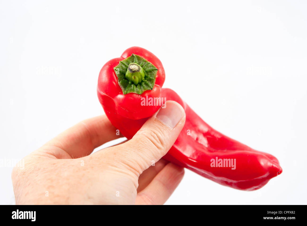 halten eine rote Paprika in der hand Stockfoto