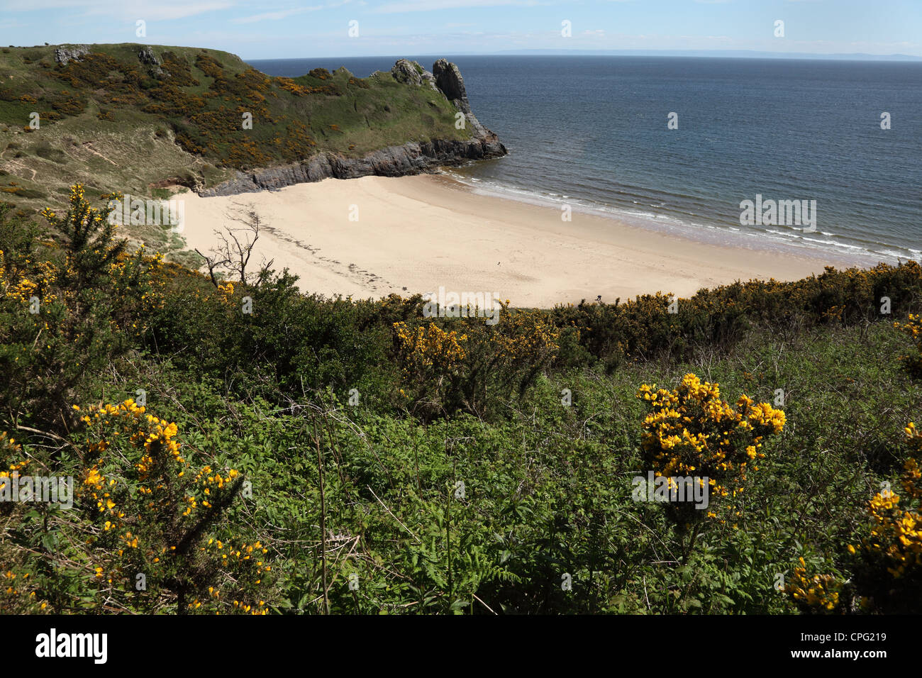 Strand und die Aussicht auf große Torr vom Küstenweg in der Nähe von Nicholaston Farm Oxwich Bay Gower Wales UK Stockfoto