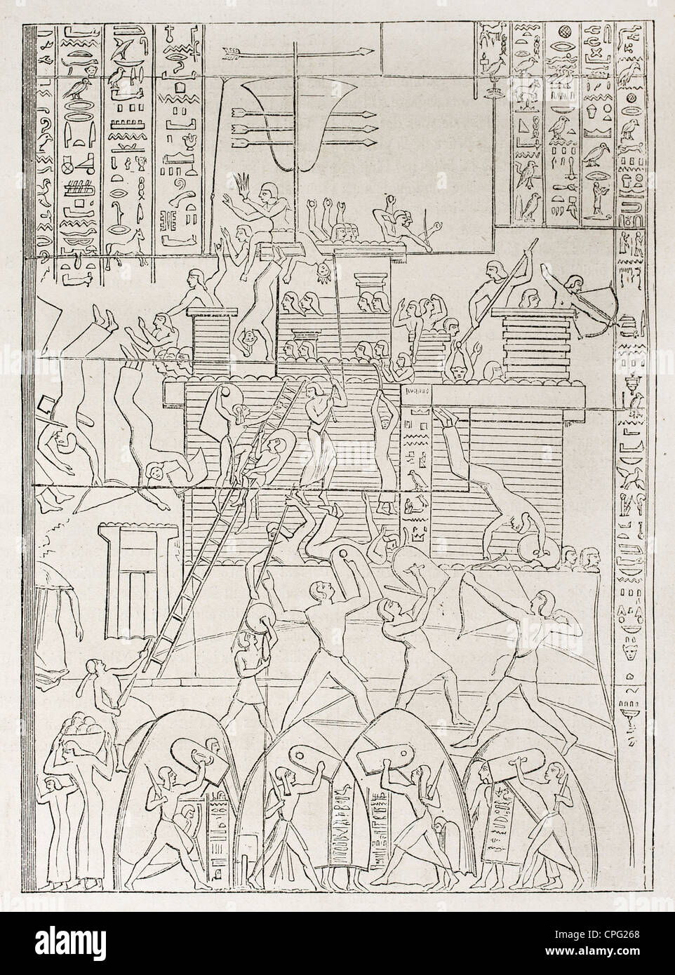 Antike ägyptische Festung Belagerung alte Abbildung Stockfoto