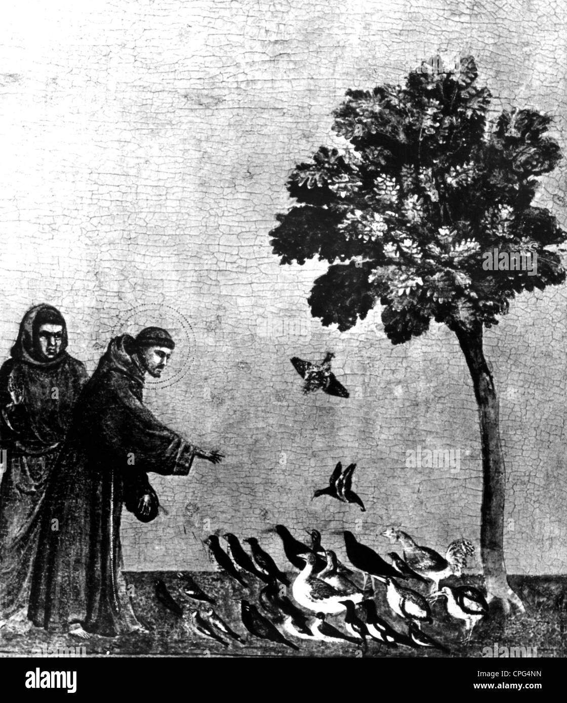 Franciscus, Heiliger von Assisi, ca. 1182 - 3.10.1226, italienischer Geistlicher, in voller Länge, im Gespräch mit den Tieren, auf der Grundlage von Miniatur, Louvre, Stockfoto