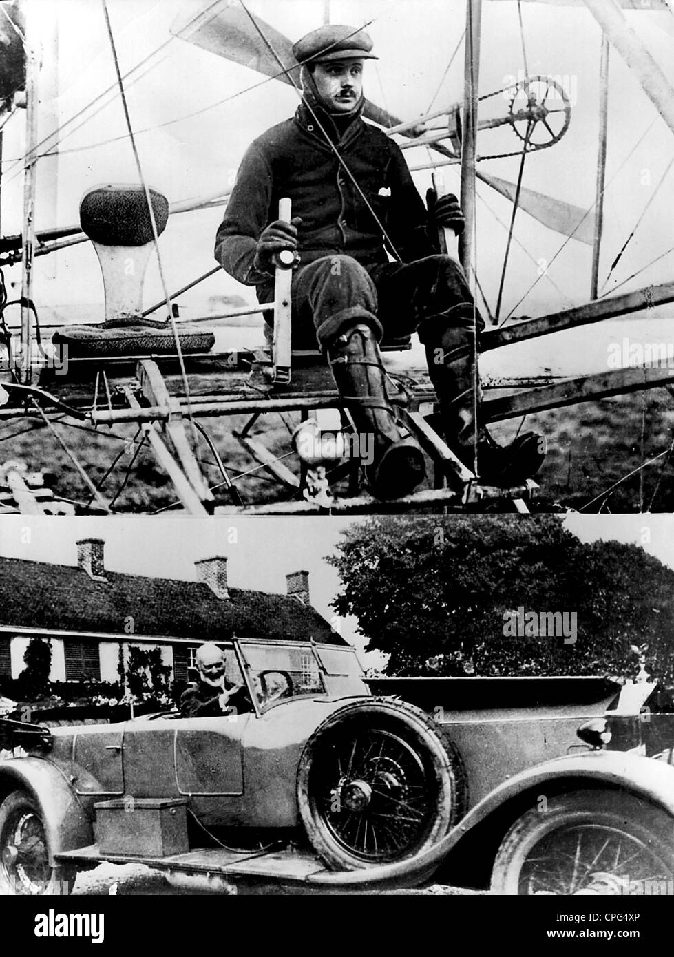 Rolls, Charles Stewart, 27.8.1877 - 12.7.1910, britischer Motoring- und Luftfahrtpionier, in einem Flugzeug (oben) und Frederick Henry Royce, 27.3.1863 - 22.4.1933, britischer Pionierwagenhersteller, in einem Auto (unten), Stockfoto