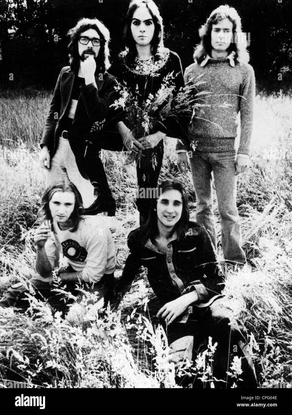 Genesis, britische Musikgruppe, gegründet 1965, Phil Collins, Peter Gabriel, Mike Rutherford und Mitlieder, Gruppenbild, ca. 1970, Stockfoto