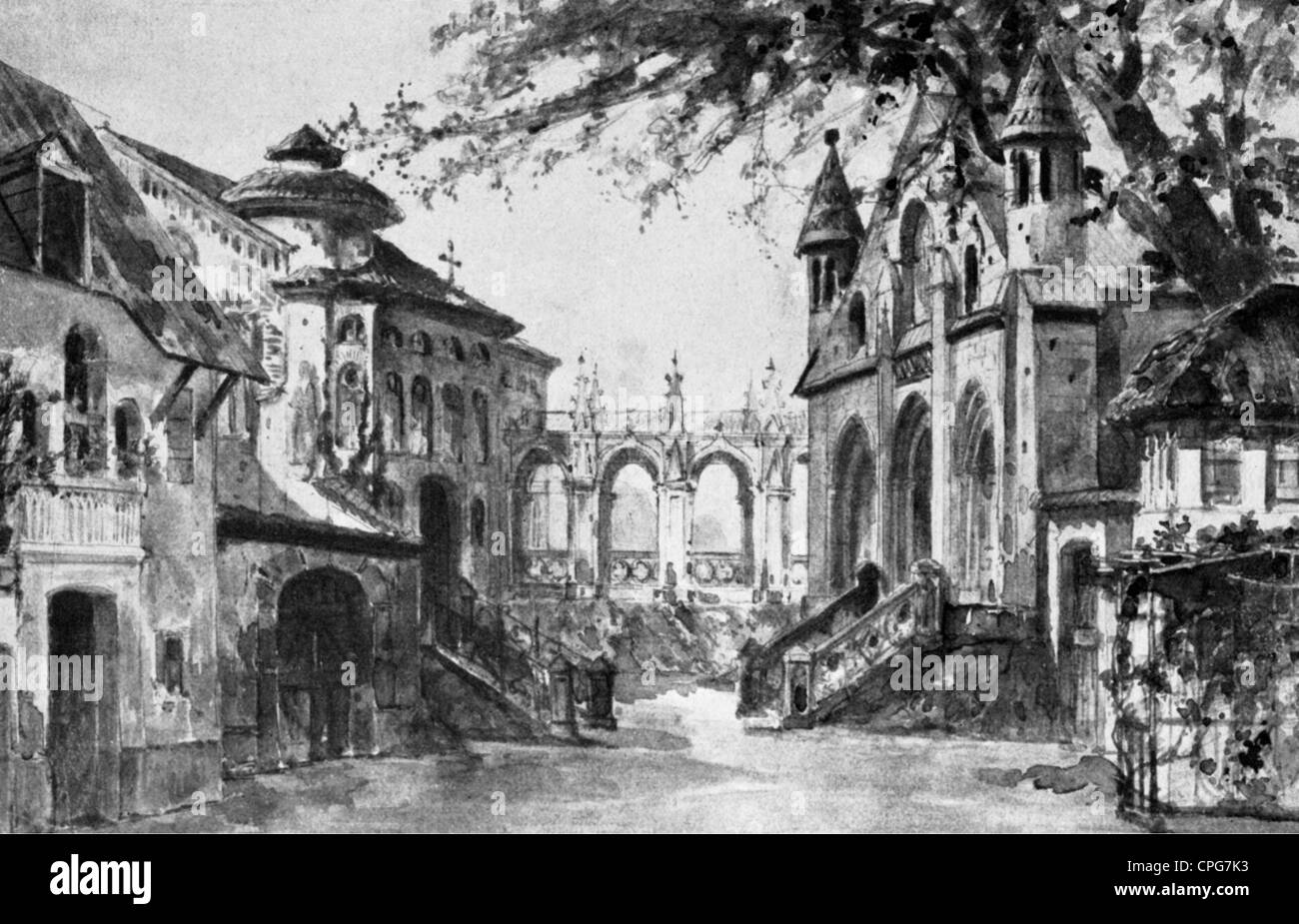 Kienzl, Wilhelm, 17.1.1857 - 3.10.1941, österreichischer Musiker (Komponist), Oper "Evangelimann", Weltpremiere Wien 4.5.1895, Bühnenbild, Entwurf von Burckhardt, Stockfoto