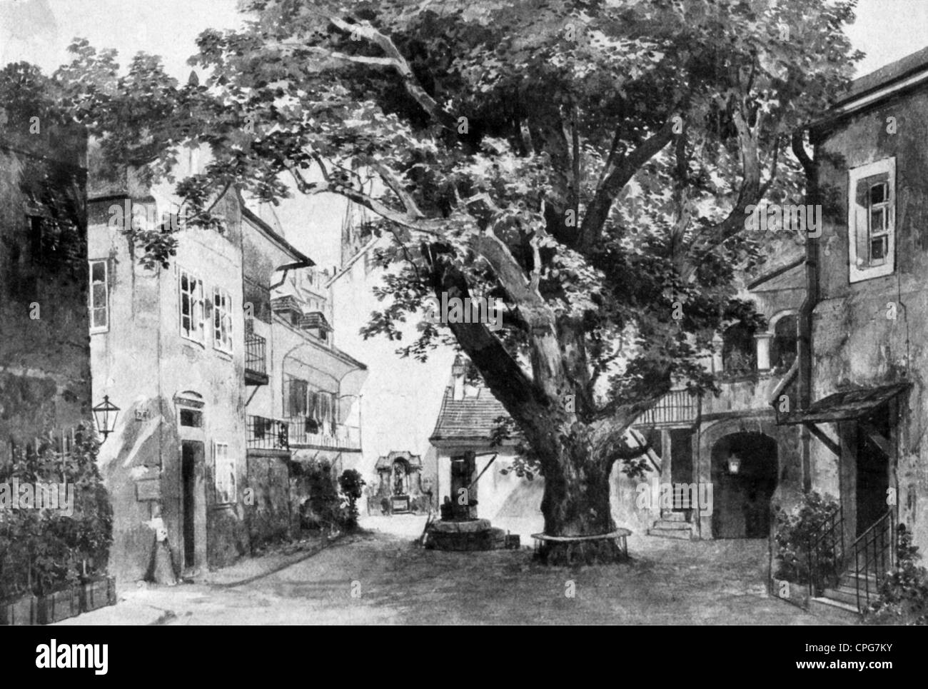 Kienzl, William, 17.1.1857 - 3.10.1941, österreichischer Musiker (Komponist), Oper "Evangelimann", Weltpremiere Wien 4.5.1895, Bühnenbild, Entwurf von Burckhardt, Stockfoto