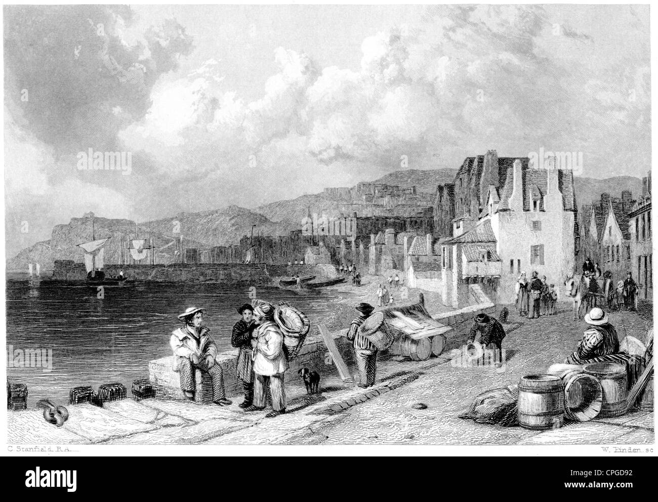 Eine Gravur mit dem Titel " St. Pierre Port, Guernsey ' (St. Peter Port) wurde in hoher Auflösung aus einem 1847 veröffentlichten Buch gescannt. Glaubte, dass es keine Urheberrechte gibt Stockfoto