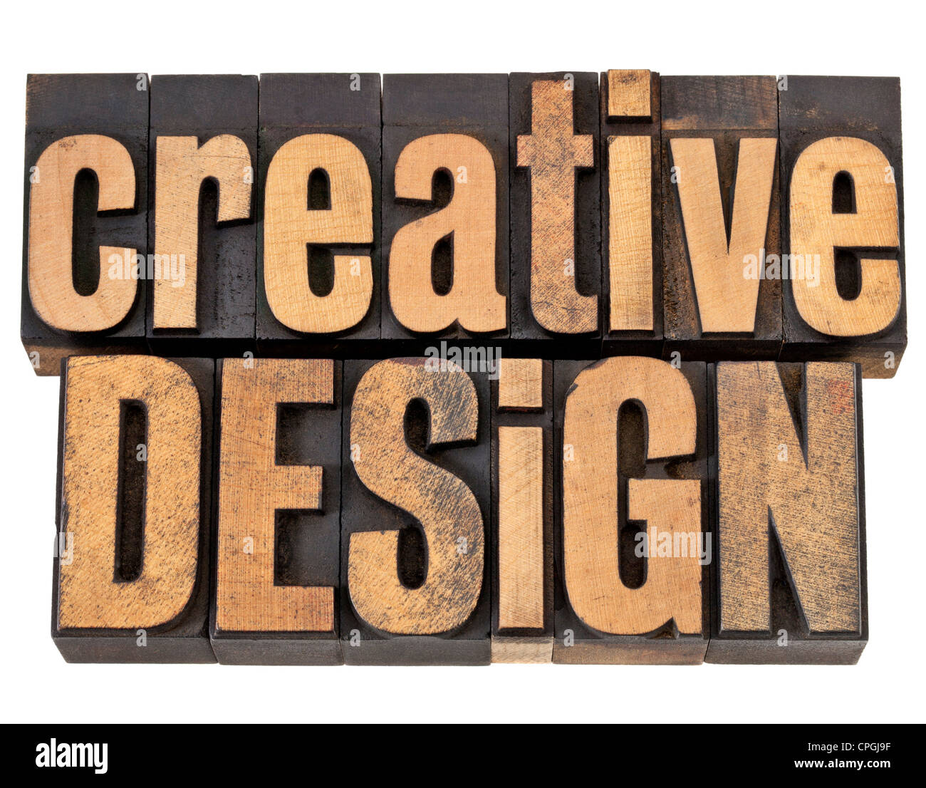 kreatives Design - Kreativität-Konzept - isoliert-Text in Vintage Buchdruck Holzart Stockfoto
