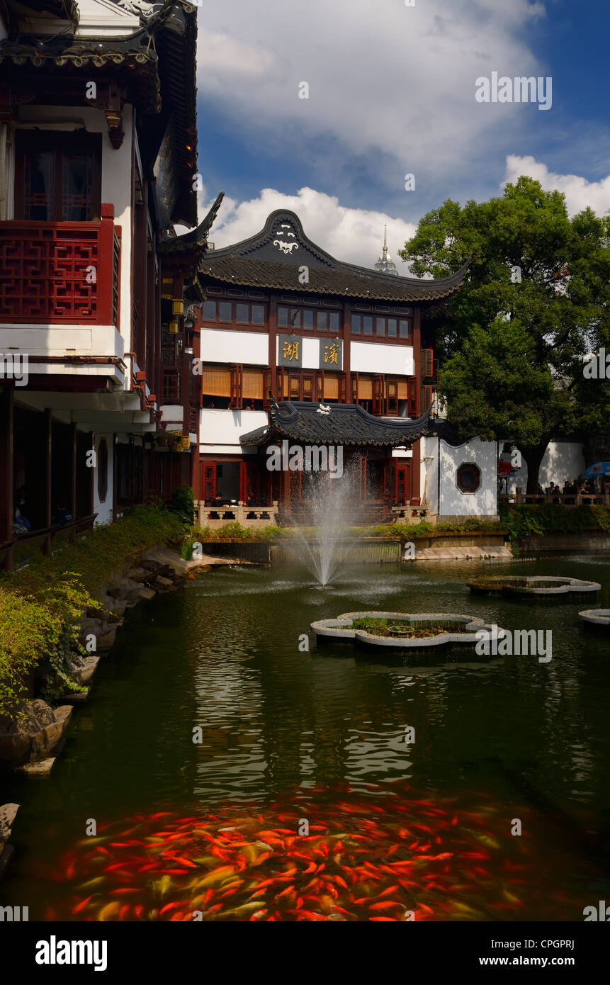 Restaurants rund um den See Teich mit Koi-Karpfen und Brunnen am Yuyuan Garten Shanghai Volksrepublik China Stockfoto