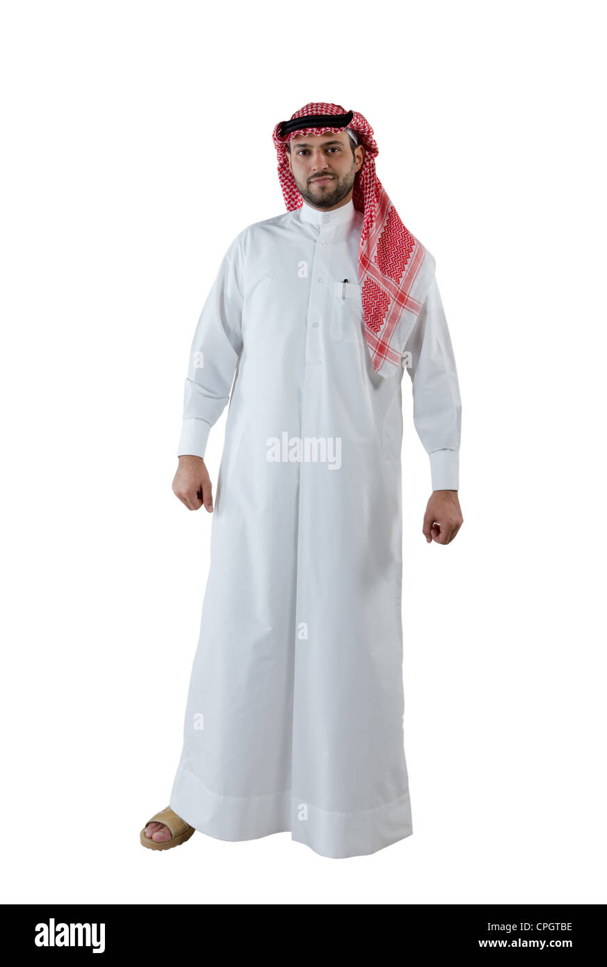 Arabische Mann trägt ein traditionelle Kleid in die Kamera schaut Stockfoto