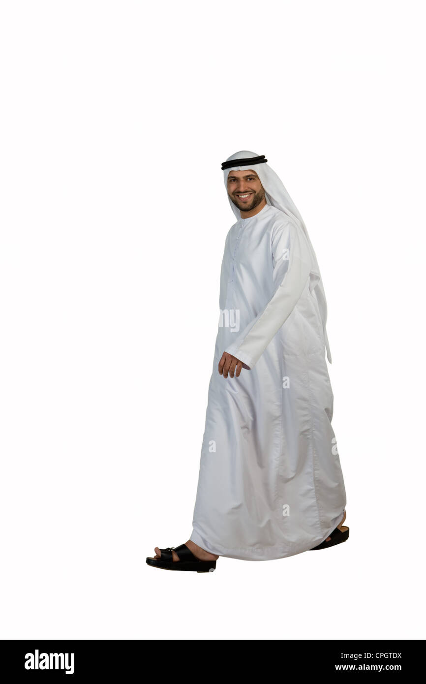 Arabische Mann zu Fuß, Lächeln Stockfoto