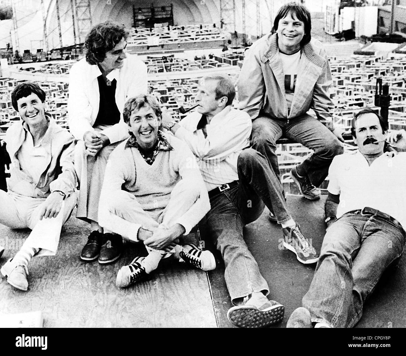 Monty Python, englische Humor- und Satiregruppe, Gruppenbild, Michael Palin, Terry Jones, Eric Idle, Graham Chapman, Terry Gilliam, John Cleese (von links nach rechts), Stockfoto
