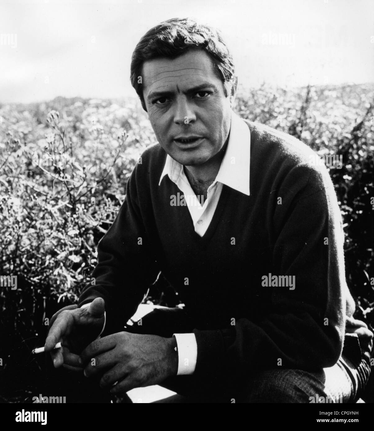 Mastroianni, Marcello, 28.9.1924 - 19.12.1996, italienischer Schauspieler, halbe Länge, auf dem Feld sitzend, 1960er Jahre, Stockfoto