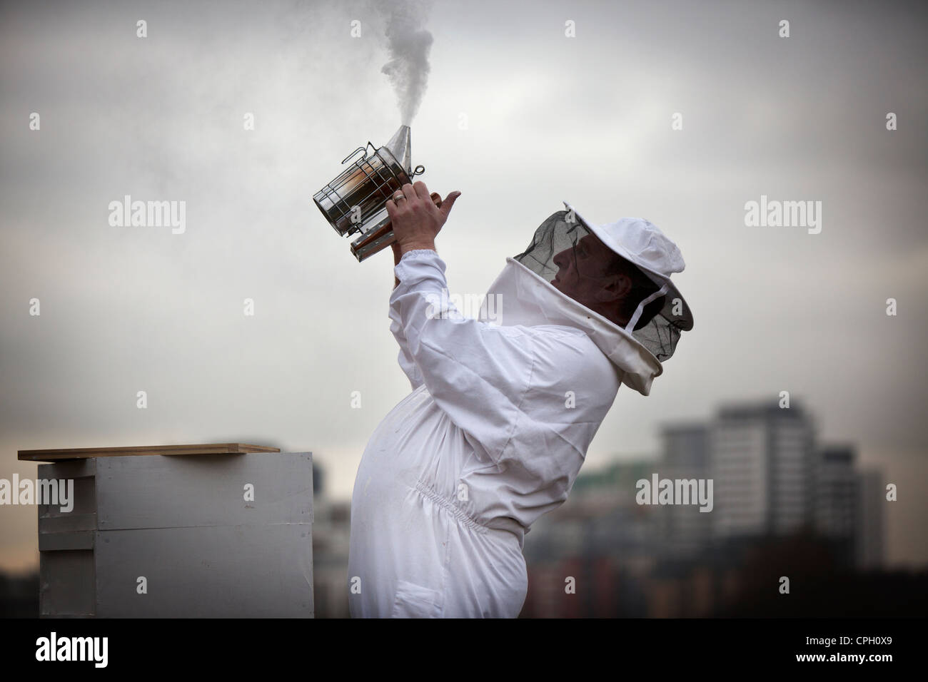 Urban Bee Keeper in Collyhurst, Manchester UK Stockfoto