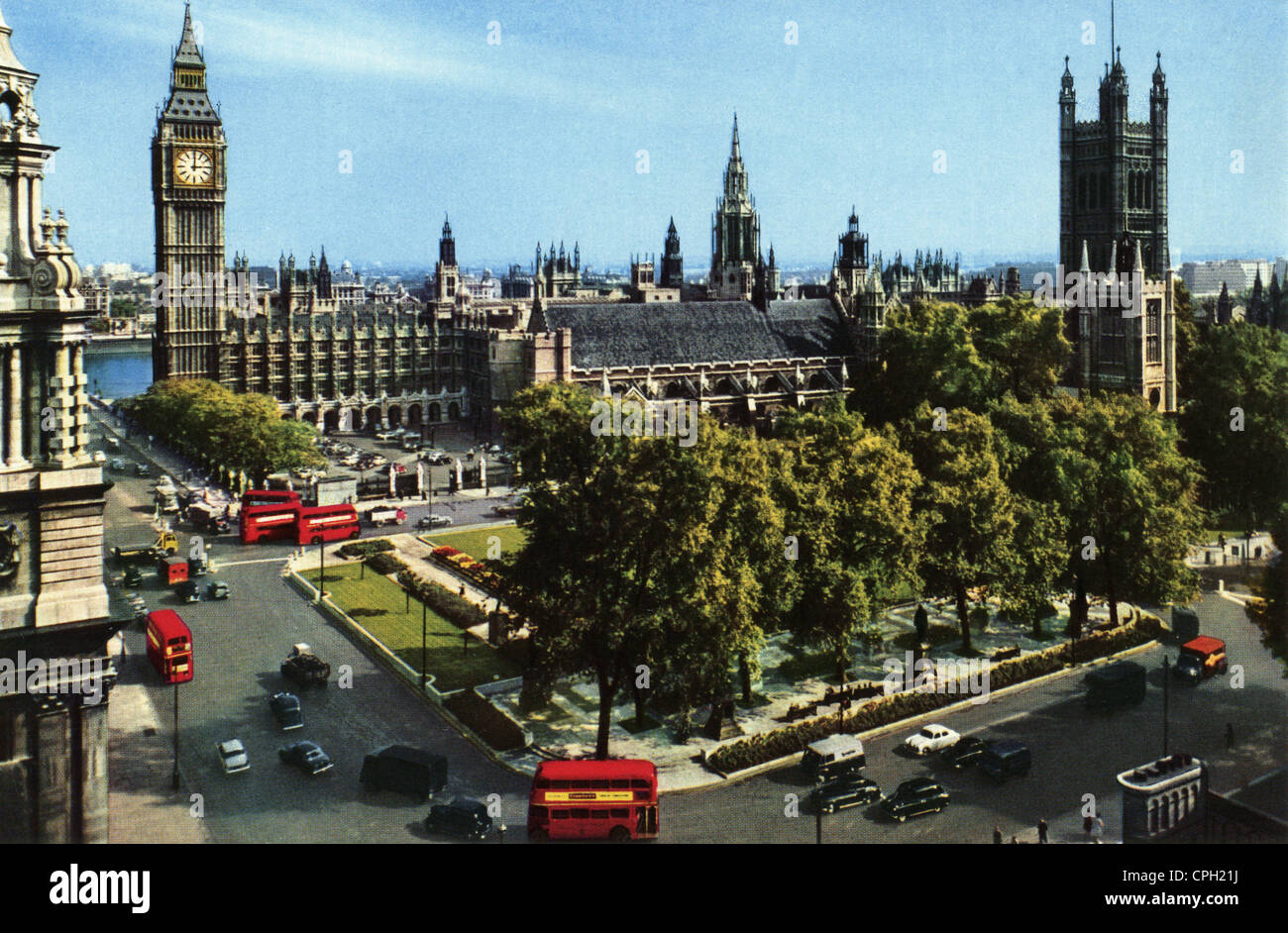 Geographie / Reisen, Großbritannien, London, Gebäude, Houses of Parliament mit 'Big Ben', Westminster, Parliament Square, Ansichtskarte, 50er Jahre, , zusätzliche-Rights-Clearences-not available Stockfoto