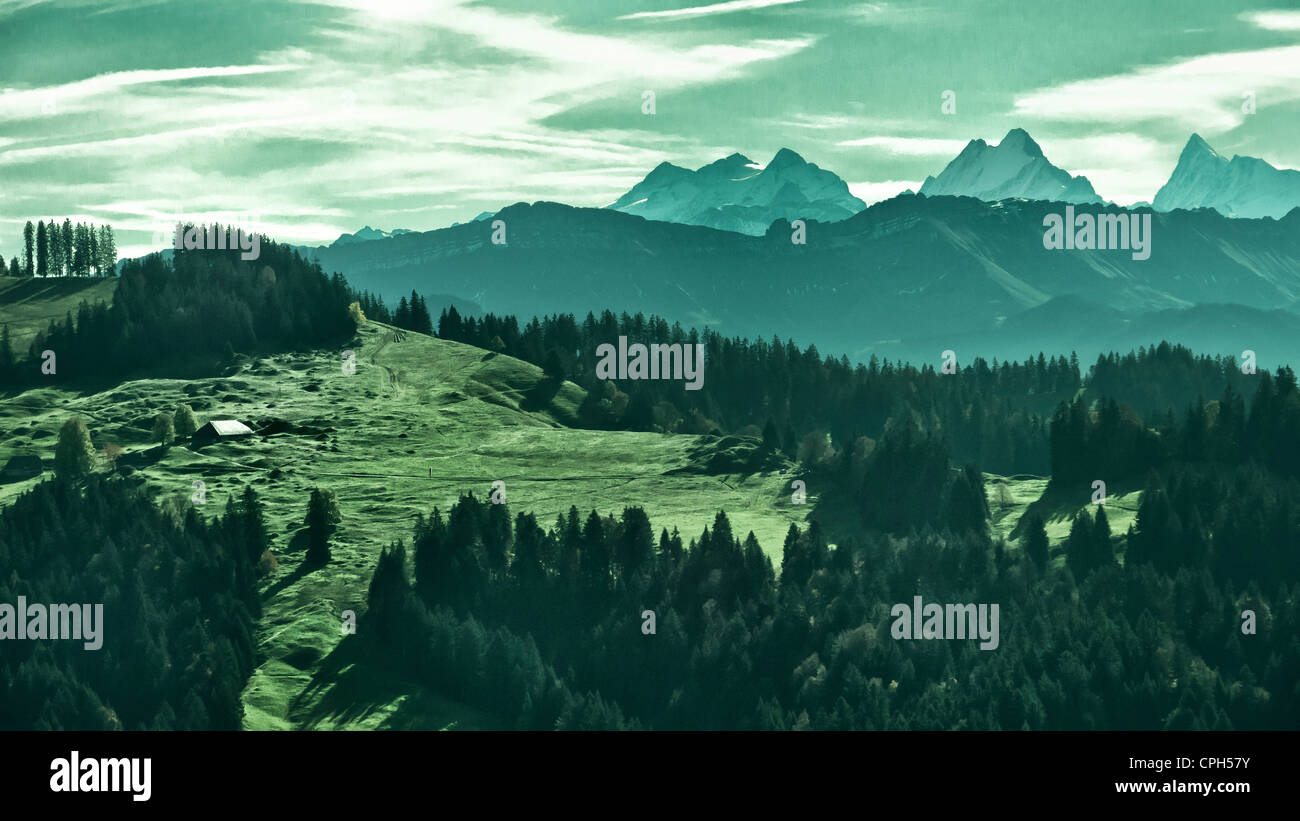 stabil, Cote, Hütte, Bauernhof, Berglandschaft, Weide, Wald, Holz, Waldlandschaft, bewaldeten Landschaft, Bergwelt, Berg Stockfoto