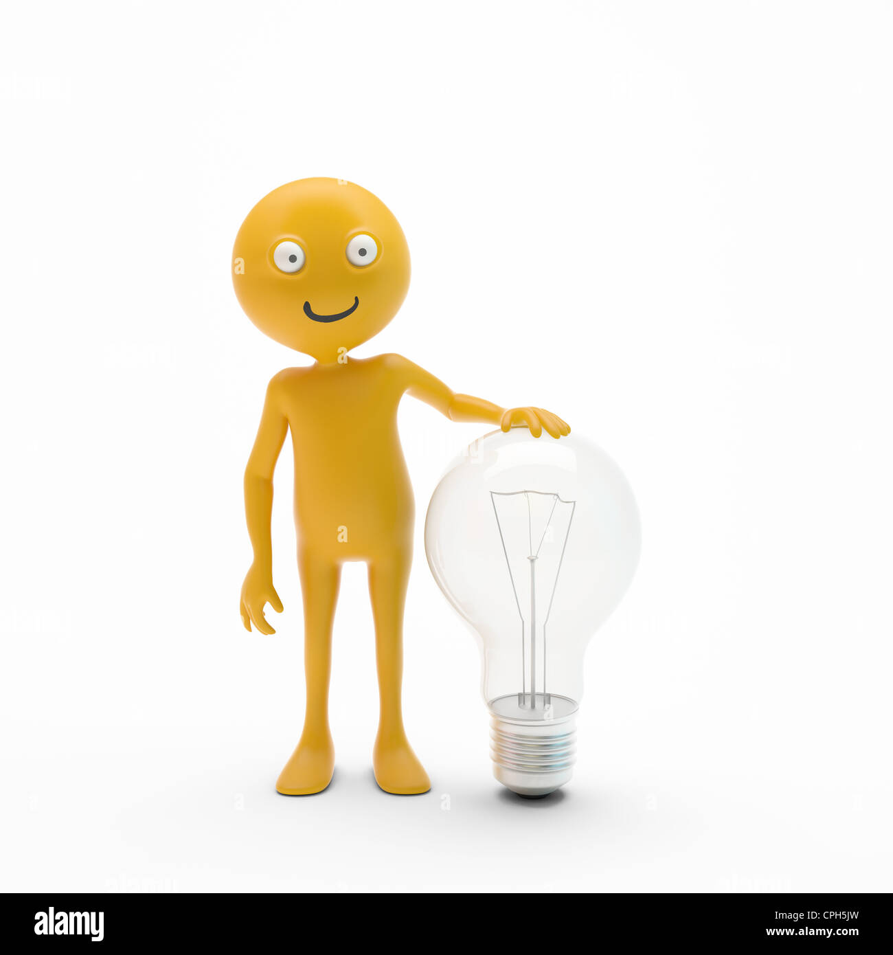 3D Charakter Smiley mit einer Glühbirne Stockfoto