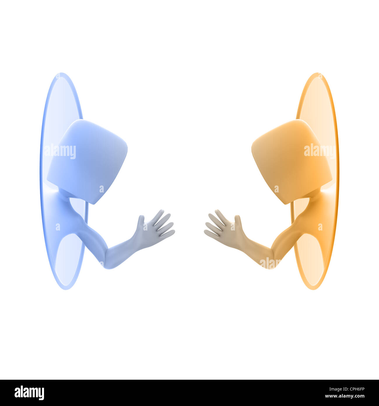 3D Cartoon-Figur mit einem Teleportation Portal Techy Stockfoto