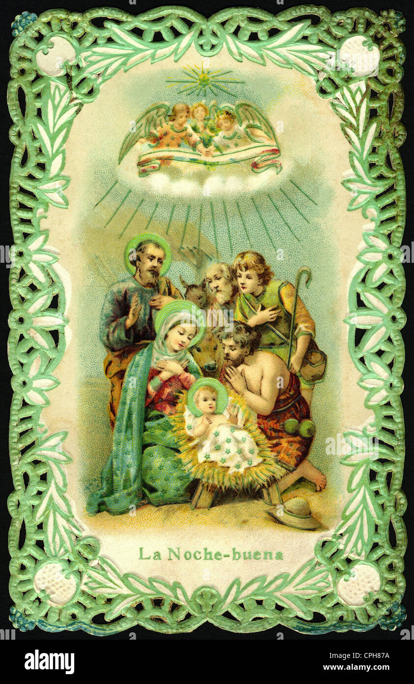 Religion, Christentum, Jesus Christus, Krippe, Heilige Familie mit dem Kleinkind Jesus in der Krippe, Lithographie, Spanien, um 1900, zusätzliche-Rechte-Clearences-nicht vorhanden Stockfoto