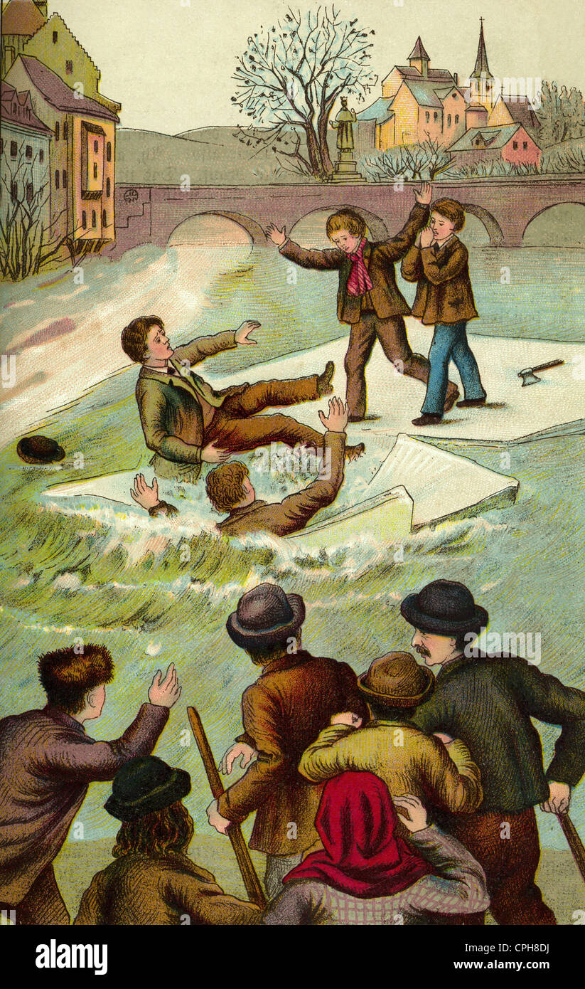 Katastrophe, durch das Eis gefallen, Lithographie, Deutschland, 1888, zusätzliche-Rechte-Clearences-nicht vorhanden Stockfoto