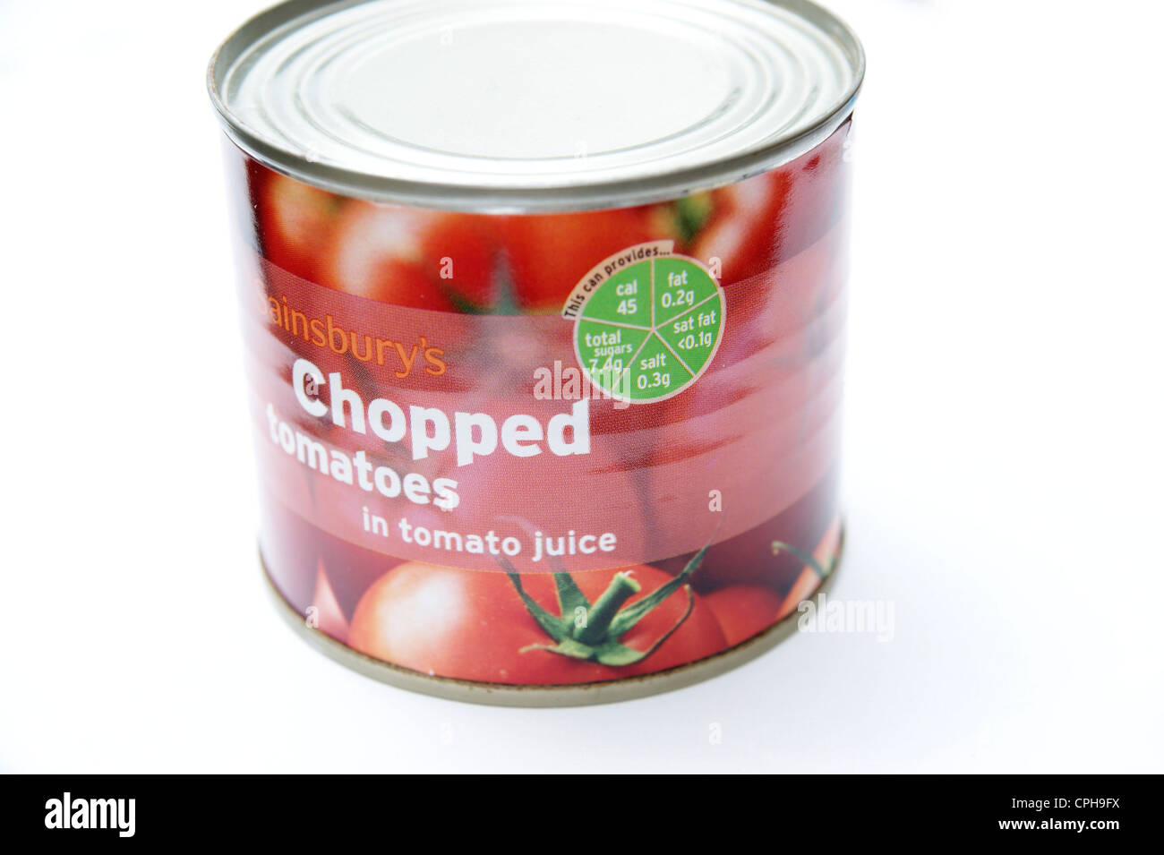 Ampel-System der Nährwertangaben Leitlinien für eine Dose gehackte Tomaten Sainsbury Stockfoto