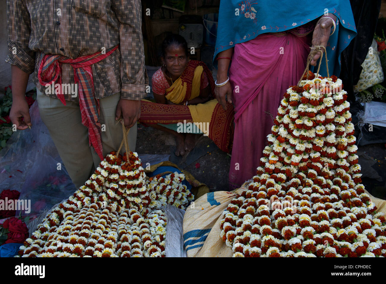 Malik Ghat Großhandel Blumenmarkt, Kalkutta, Westbengalen, Indien Stockfoto