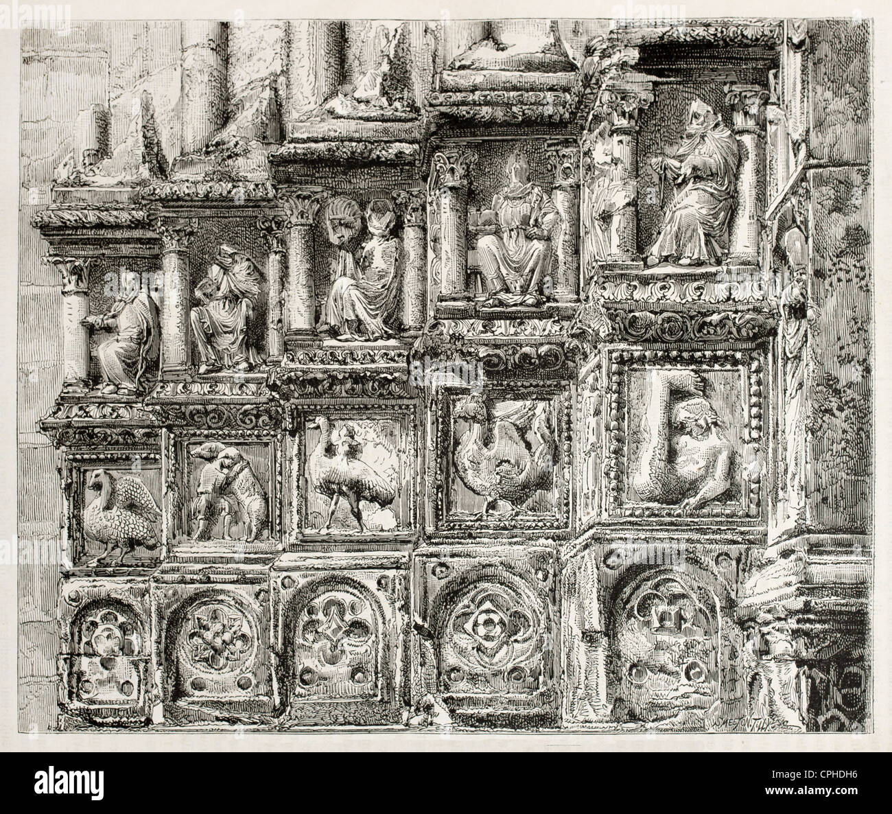 Sens Kathedrale West Portal Keller Basrelief alte Abbildung, Frankreich Stockfoto
