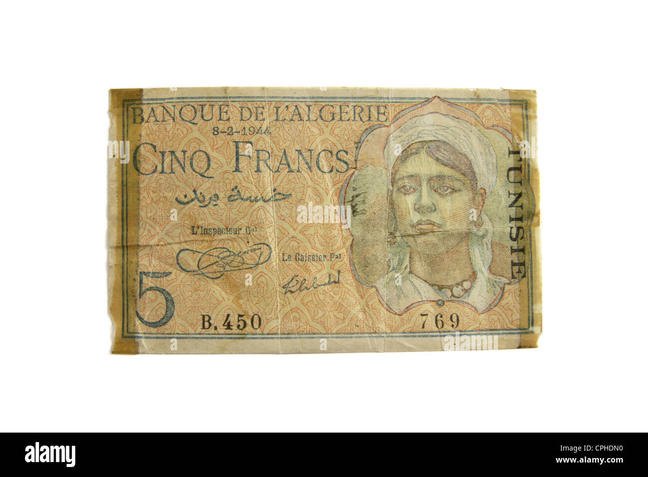 1944-Tunesien (Algerien) 5 Franken. Stockfoto