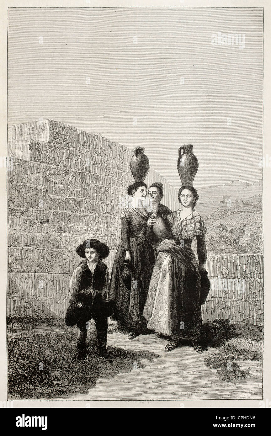 Frauen, die Wasser Vasen auf Kopf, alte illustration Stockfoto