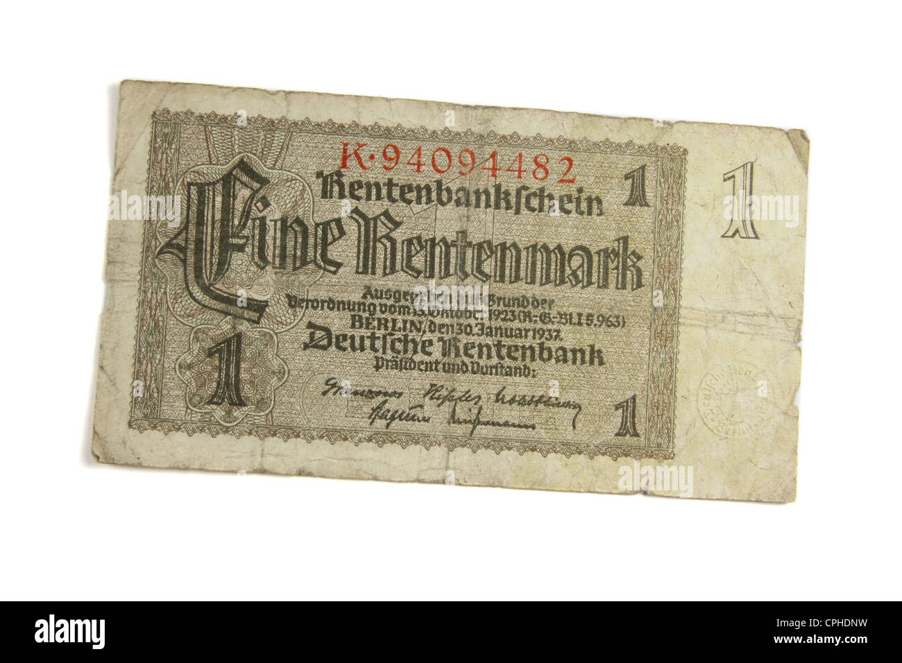 Deutsch 1937 "1 Mark" Rechnung von der deutschen Rentenbank. Stockfoto