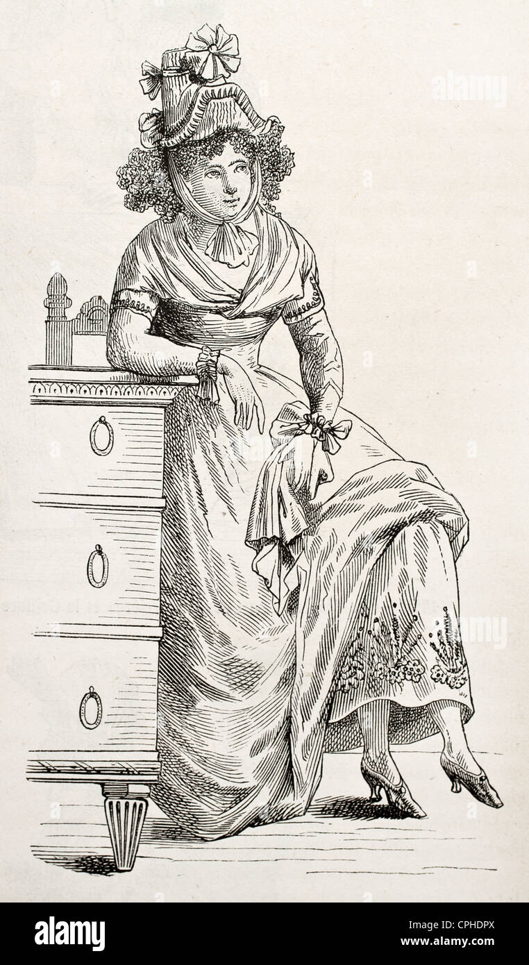 Frau sitzt auf einem Stuhl alt gravierte Porträt (Ende des 18. Jahrhunderts Mode) Stockfoto