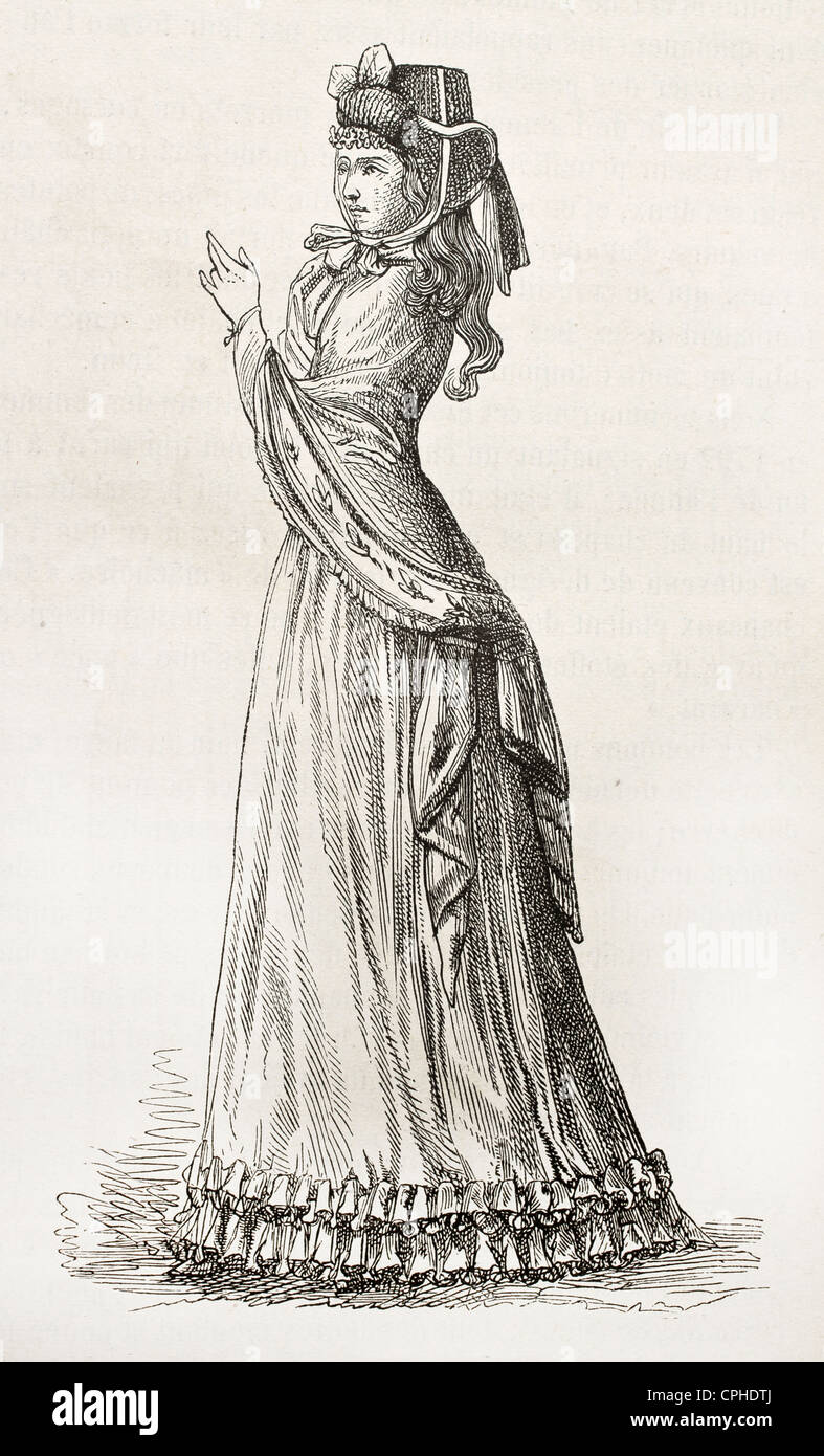 Frau trägt Motorhaube und langer Rock, graviert alte Porträt (Ende des 18. Jahrhunderts Mode) Stockfoto