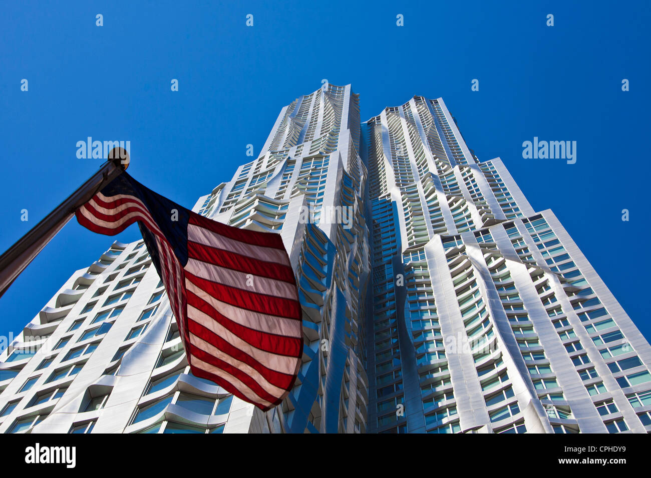 USA, USA, Amerika, New York, Manhattan, Gehry, Frank Gehry, Architektur, Konzept, design, Innenstadt, Flagge, neu, Skyscr Stockfoto