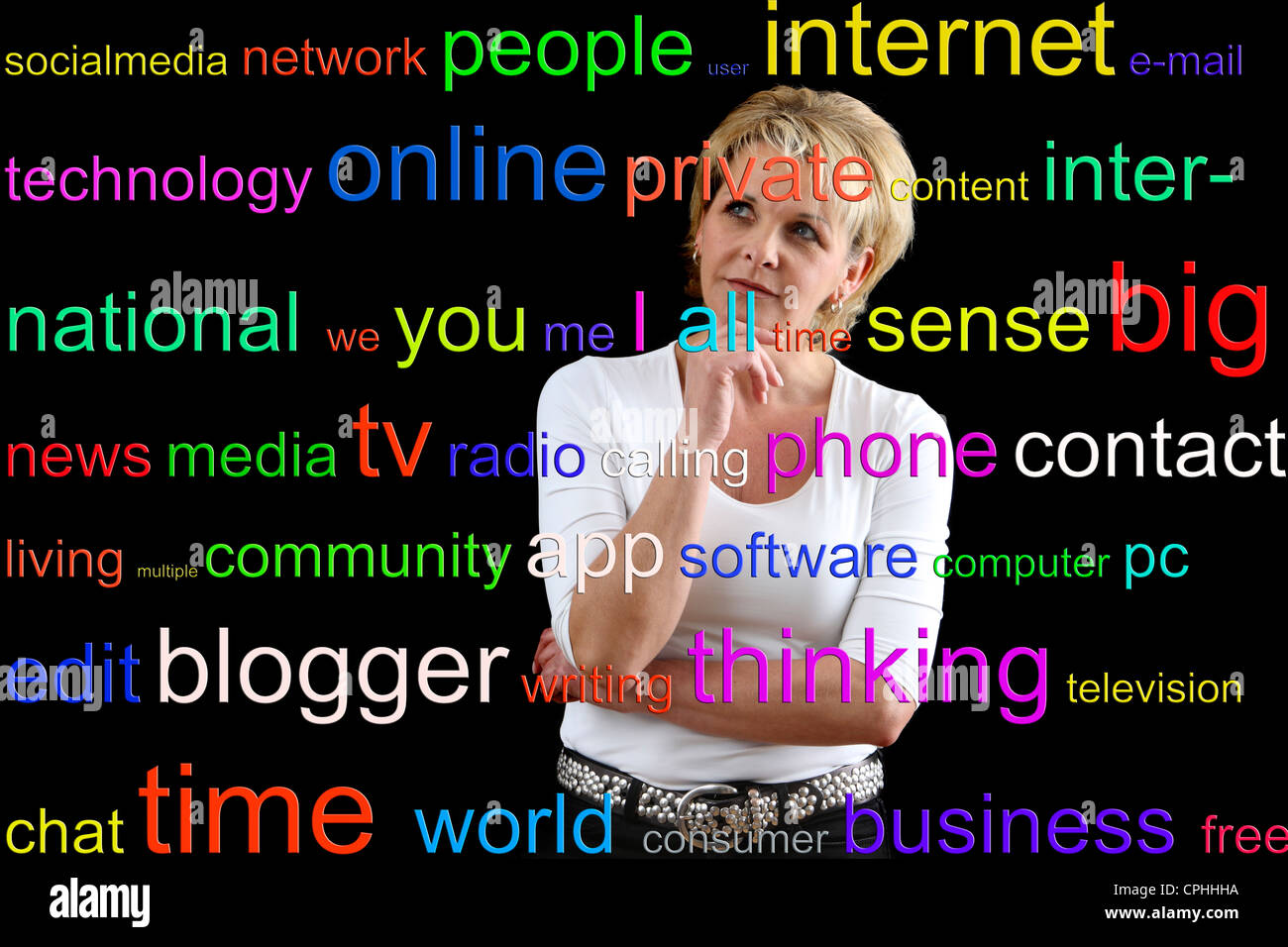 Symbolische Bild Internet, social-Media, Web-Wörter, Wort-Wolken. Stockfoto