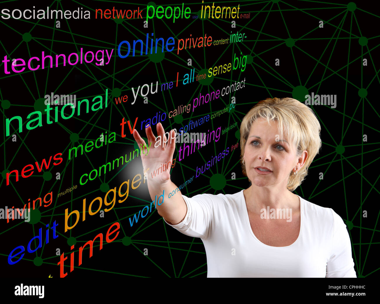 Symbolische Bild Internet, social-Media, Web-Wörter, Wort-Wolken. Stockfoto