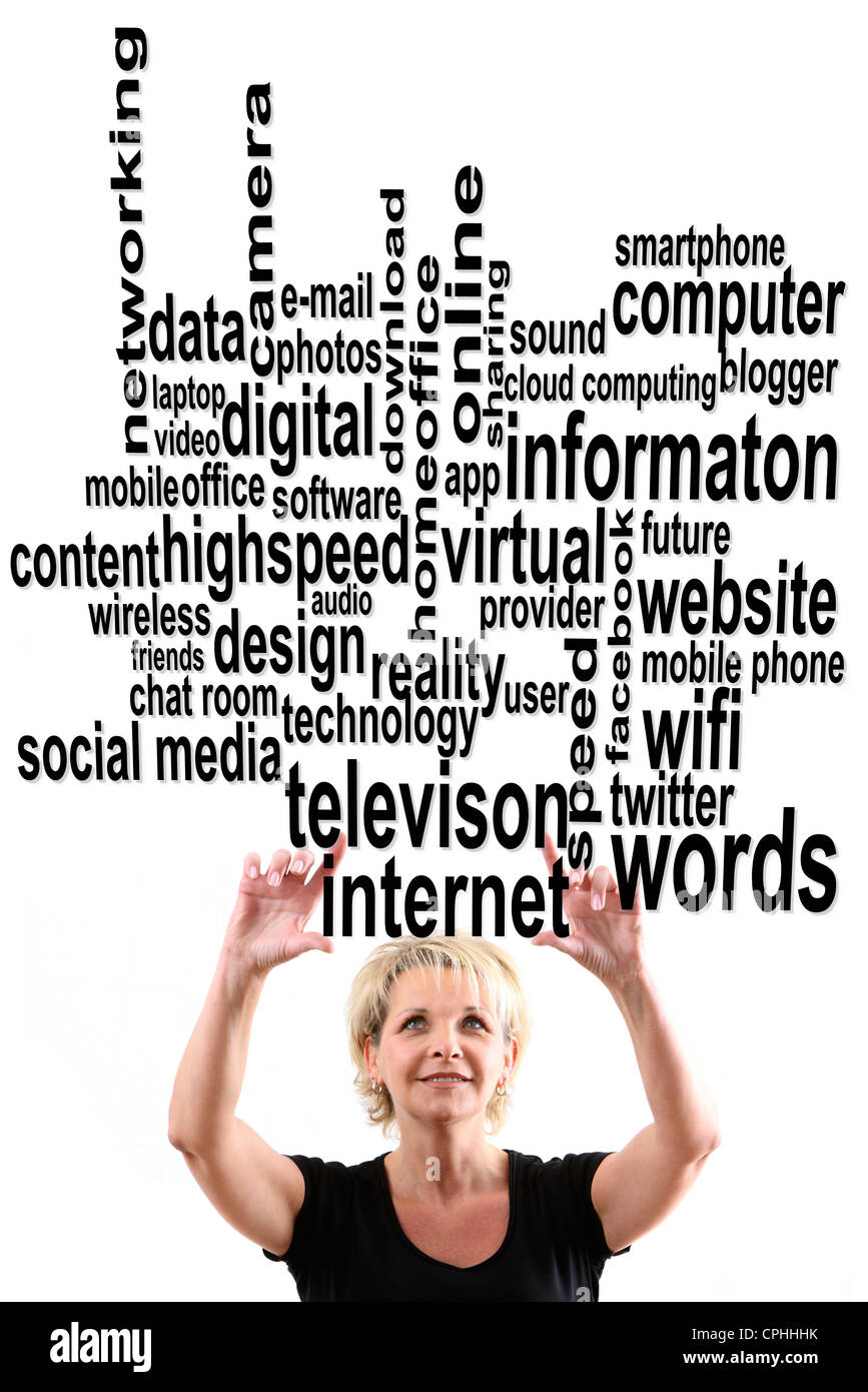 Symbolische Bild Internet, social-Media, Web-Wörter, Wort-Wolken. Stockfoto