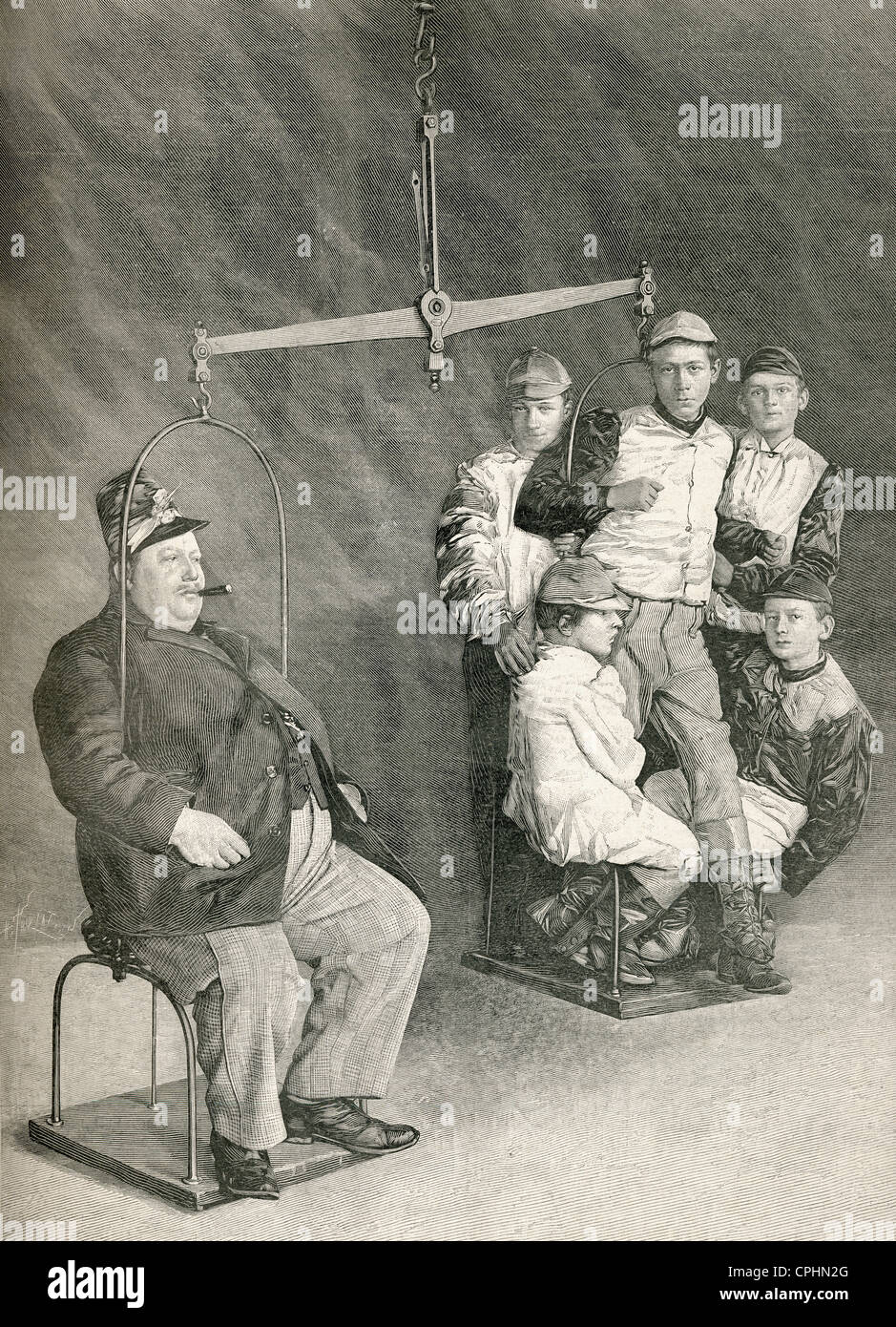 Der Präsident der 100 Kilo Gesellschaft fünf Jockeys abgewogen werden. Von l ' Illustration veröffentlicht 1897. Stockfoto