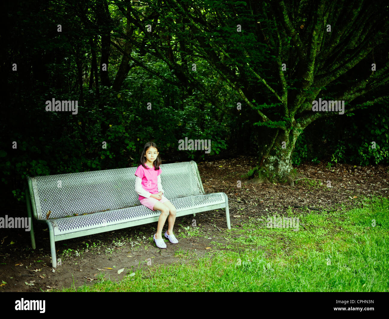 Mädchen sitzt unter Baum auf der Parkbank. Stockfoto