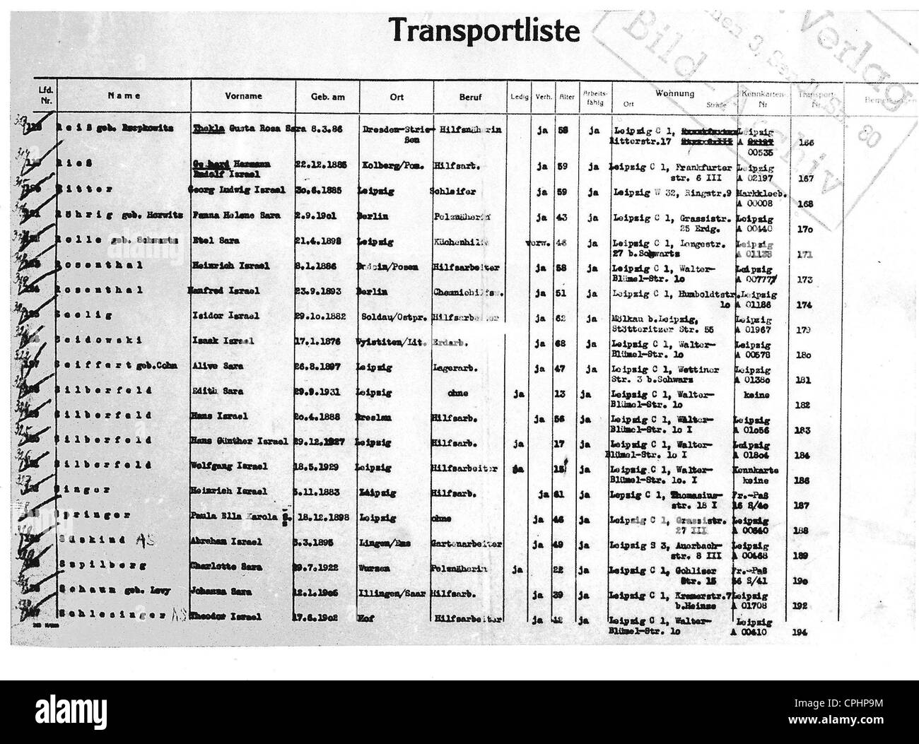 Liste mit Namen von Juden in die Vernichtungslager, 1941 (s/w Foto) abgeschoben werden zu transportieren Stockfoto