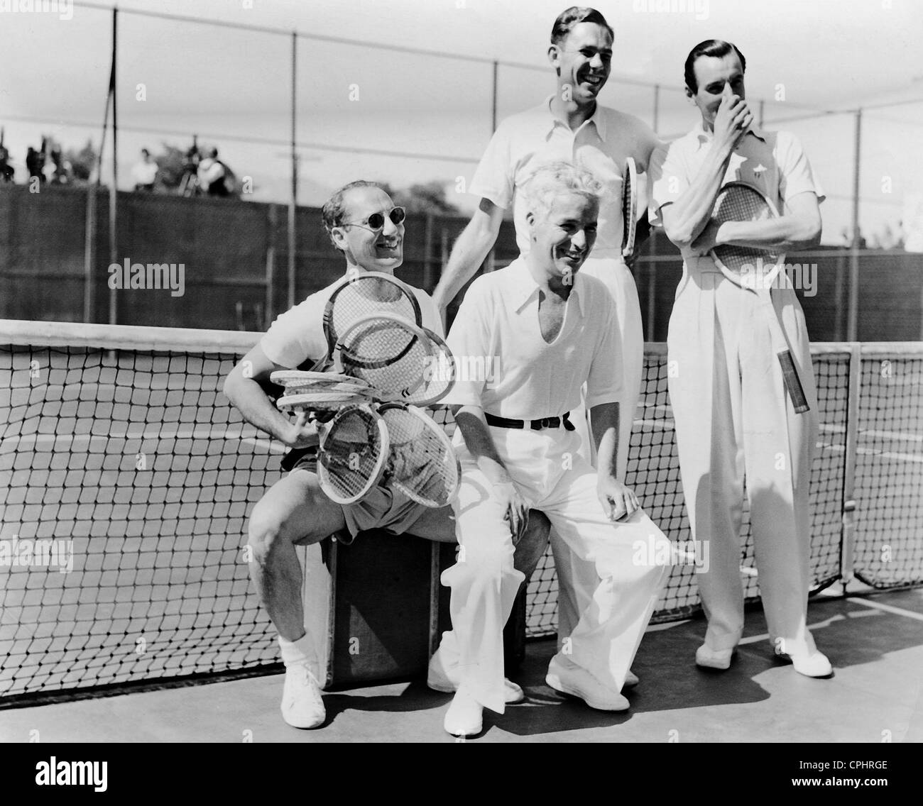 Groucho Marx, Charles Chaplin, Ellsworth Vines und Fred Perry, 1937 Stockfoto