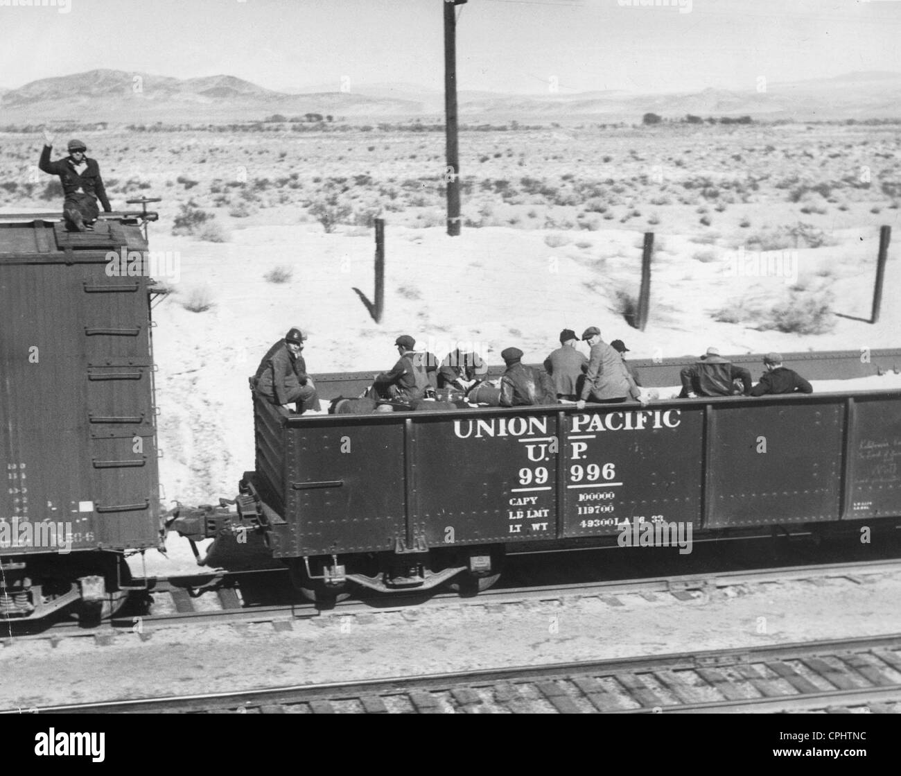 Arbeitslose in einem Eisenbahnwaggon während der großen Depression, 1935 Stockfoto
